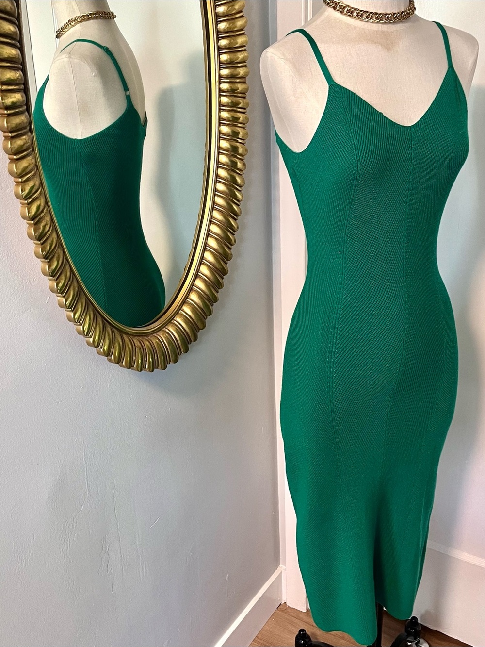 Emerald Green Ribbed Knit Midi Dress, Sz. XS